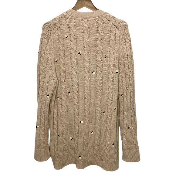 The Great. Embroidered Cable Knit Cashmere Wool Cardigan In Oatmeal XS - Picture 5 of 7